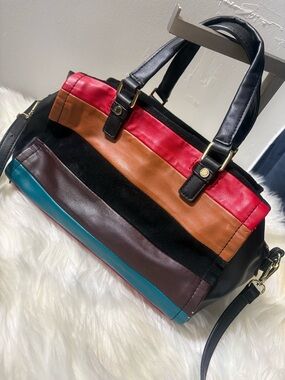 Kate Landry Striped Leather Satchel in Black, Red, Orange, Brown, Teal